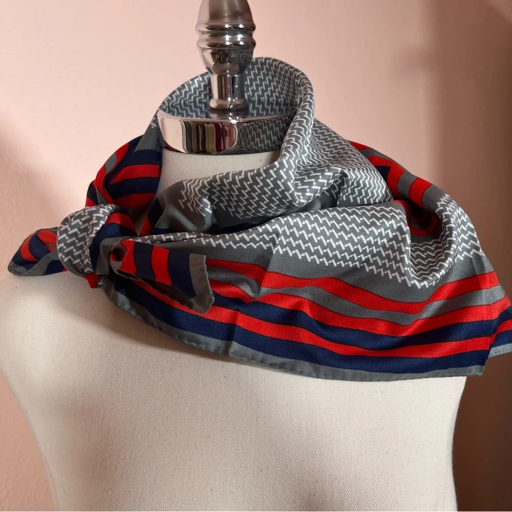 Vintage 1970 Mod Red Grey Art deco Geometric Striped Nautical  Square Scarf